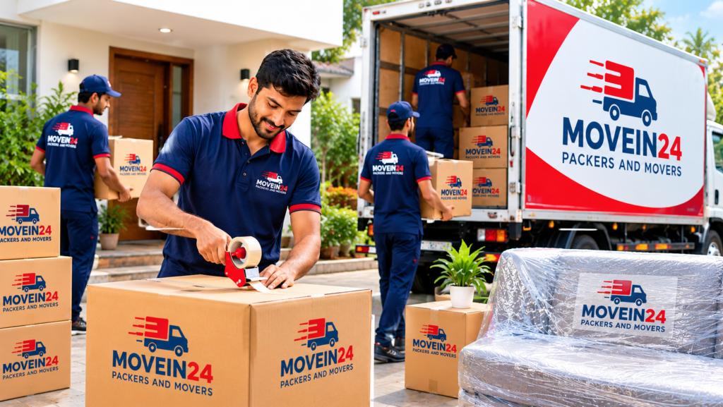 Movein24 Packers and Movers team packing branded boxes and loading a company truck in Pune